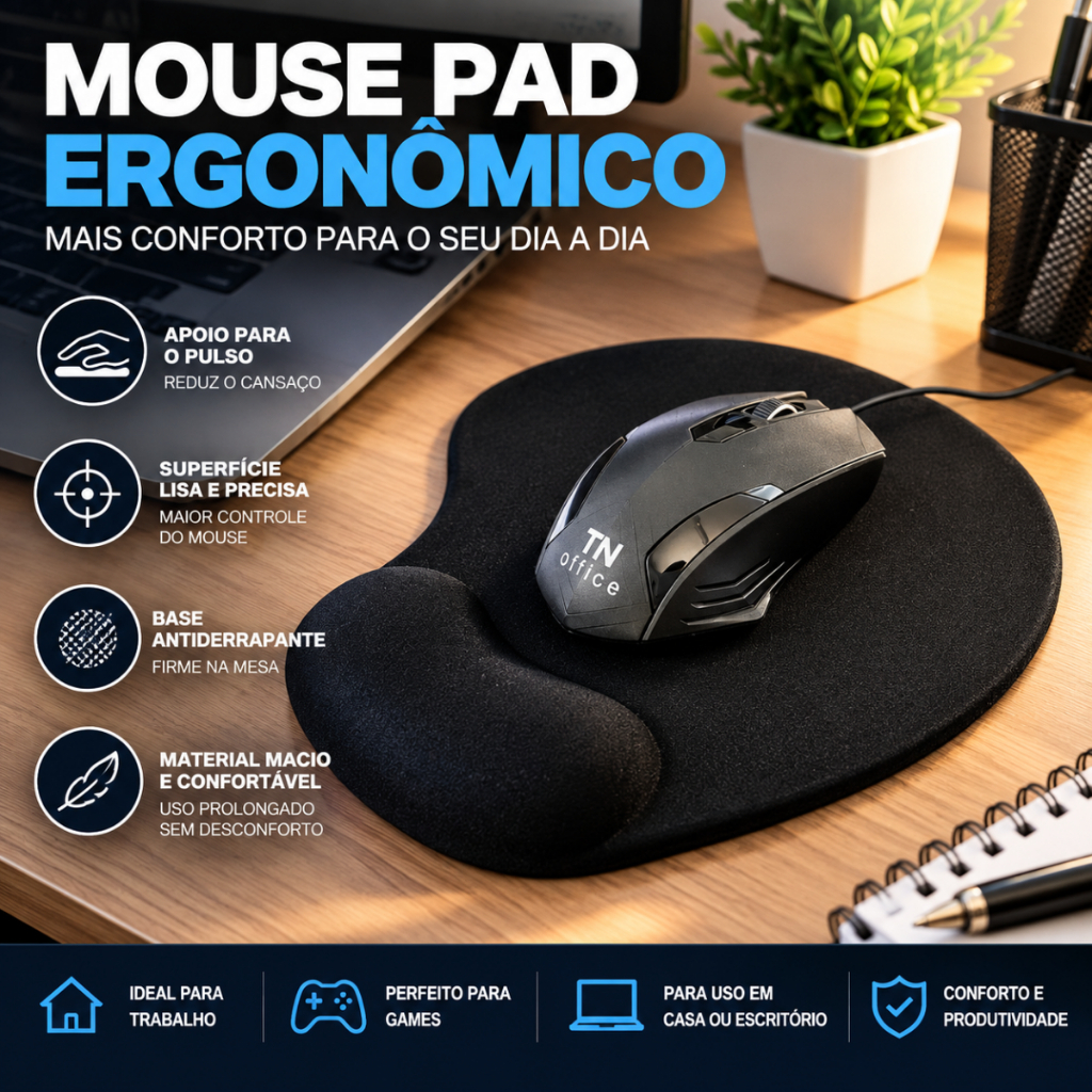 Mouse Pad Ergonômico Gamer e Trabalho Preto Com Apoio para Pulso Antiderrapante Confortável