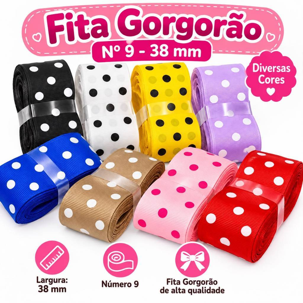 Fita Gorgurão 38mm Nº 9 Estampada Poá Bolinhas para Laços e Artesanato 10m 20m