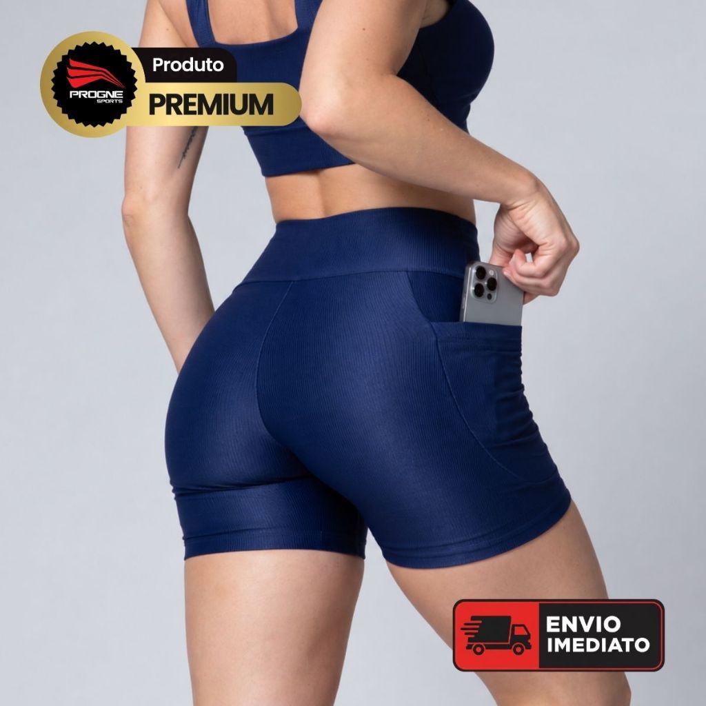 Short Legging Canelado Feminino Com Bolsos - Progne Sports - Zero Transparência Cós Modelador -Treino Musculação Corrida
