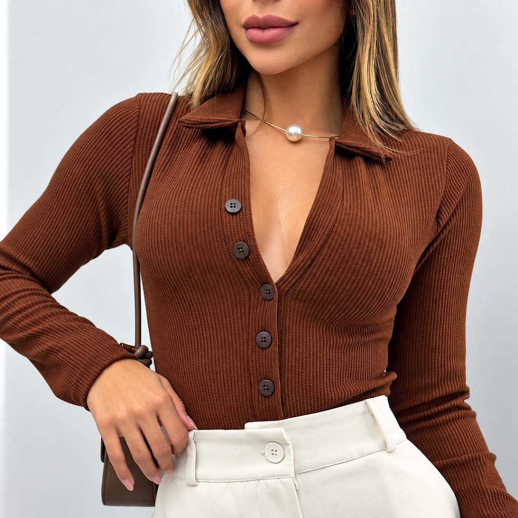 Body Feminino Manga Longa Gola Polo Basica Liso Com Botão Decote V Canelado Anaruga elegante