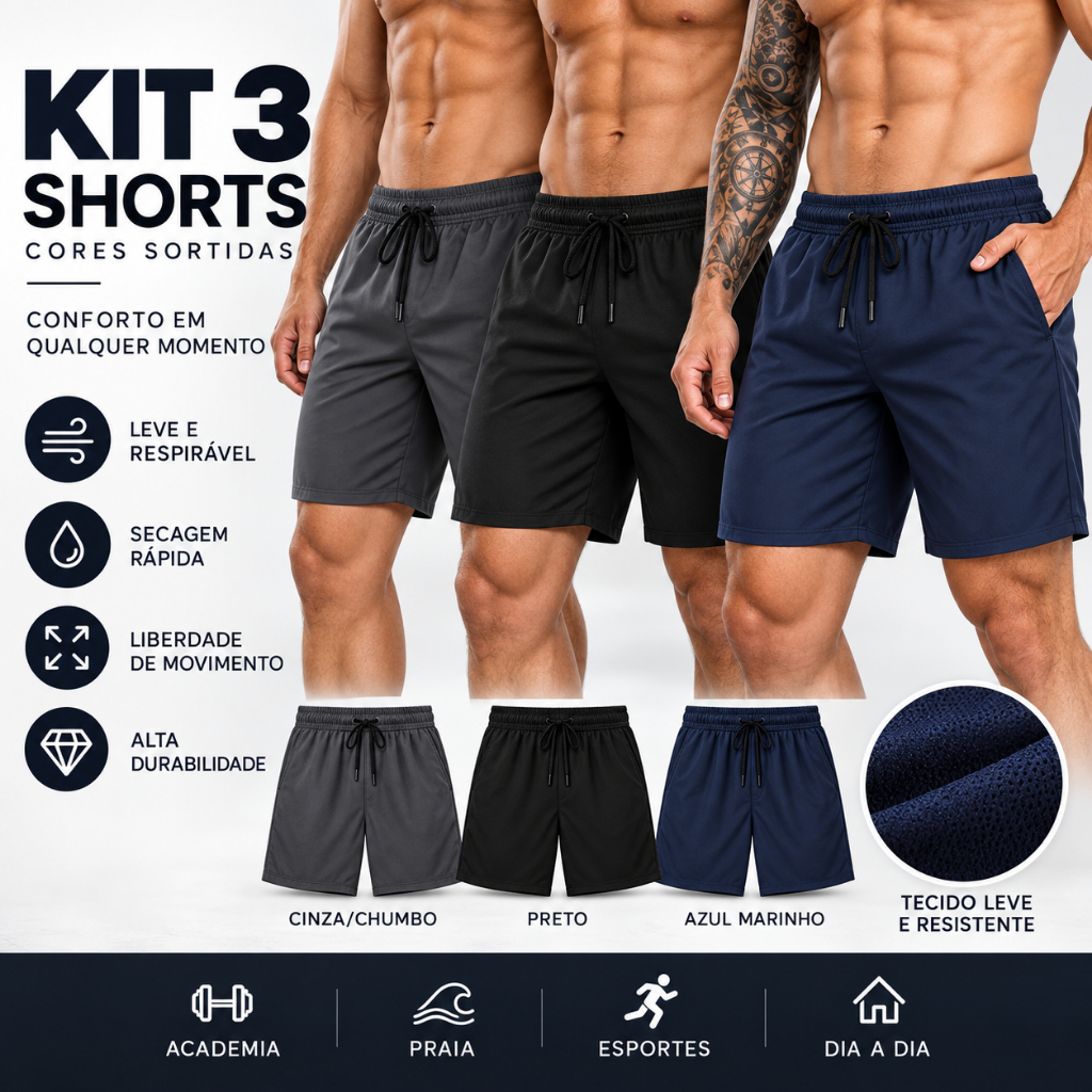 Kit 3 Bermuda Shorts Masculino Tactel Elastano Academia Esporte Corrida Treino Confortável