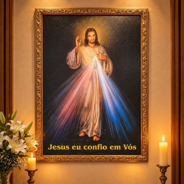 QUADRO JESUS MISERICORDIOSO 53X73 CM MOLDURA DOURADA RESINADO