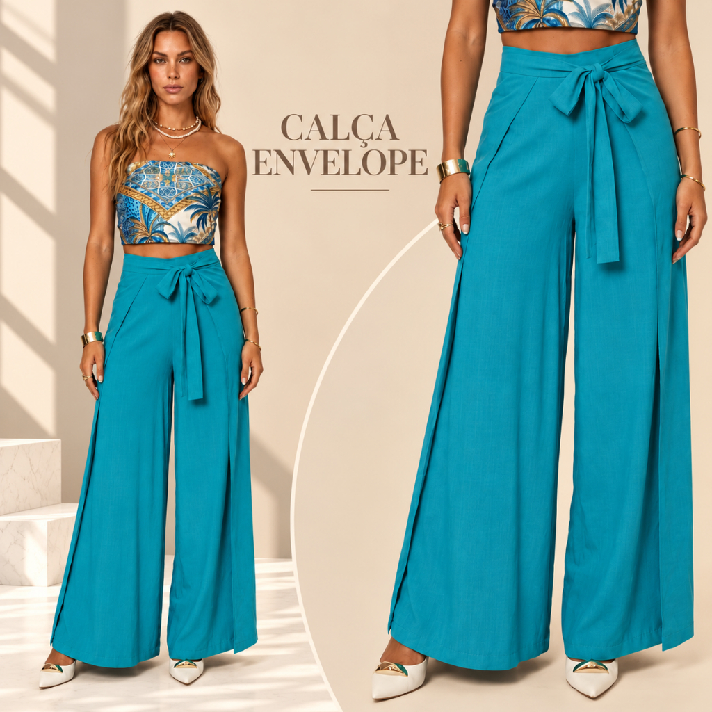Calça Pantalona Envelope Forrada Multiusos Transpassada Estilosa