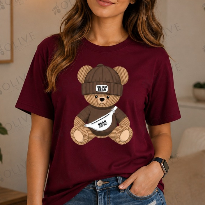 Camisa Feminina Estampada Urso de Toca Bear Blusa 100% Algodão Manga Curta Casual Tendencia
