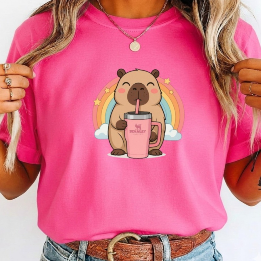 Camiseta Feminina Estampada Capivara Fofa Copo Térmico T Shirt 100% Algodão Camisa Casual Básica Dia a Dia