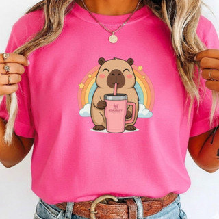 Camiseta Feminina Estampada Capivara Fofa Copo Térmico T Shirt 100% Algodão Camisa Casual Básica Dia a Dia