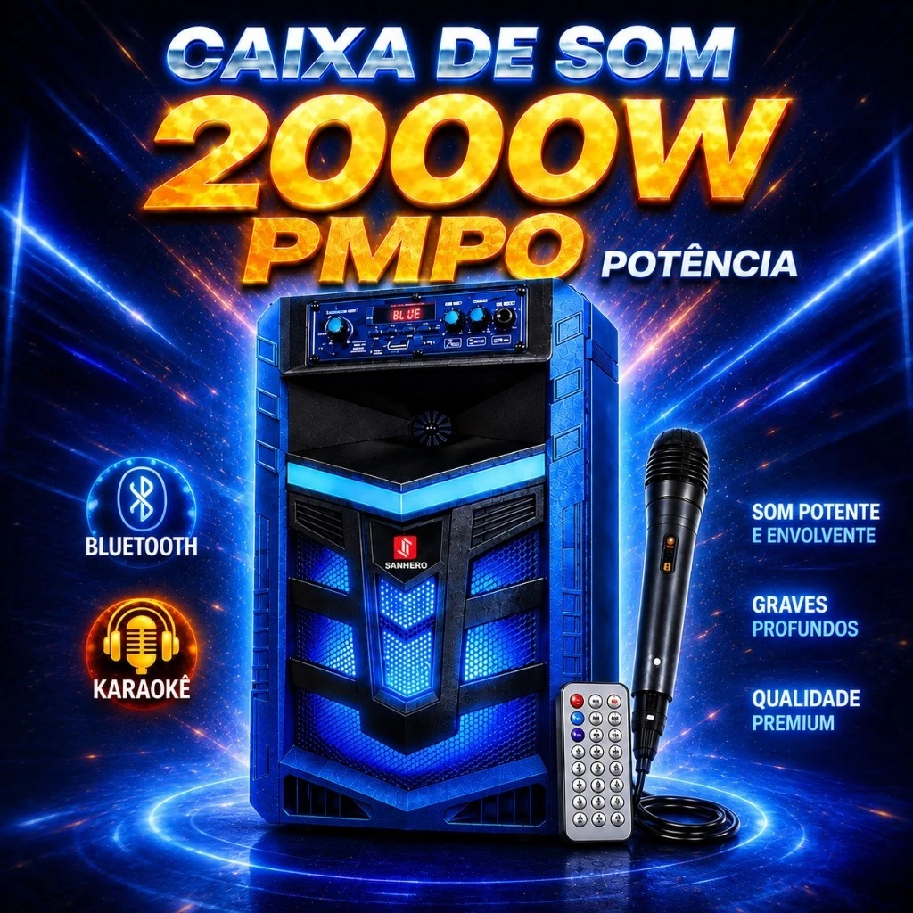 CAIXA DE SOM 2000W COM MICROFONE E CONTROLE REMOTO - FUNÇÕES KARAOKE E BLUETOOTH