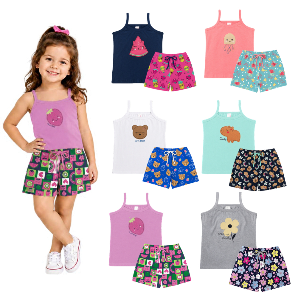 Conjunto Infantil Menina Blusa Bordada de Alça + Shorts Estampado - Tamanhos 1 ao 3 - Primavera/Verão