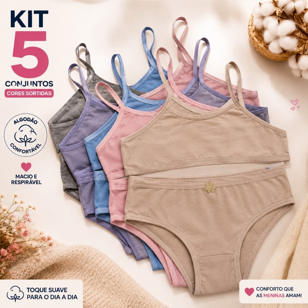 Kit 2 ou 5  Conjuntos Juvenil Calcinha Sutiã Algodão Infantil Pré Adolescente Moça Liso Confortável