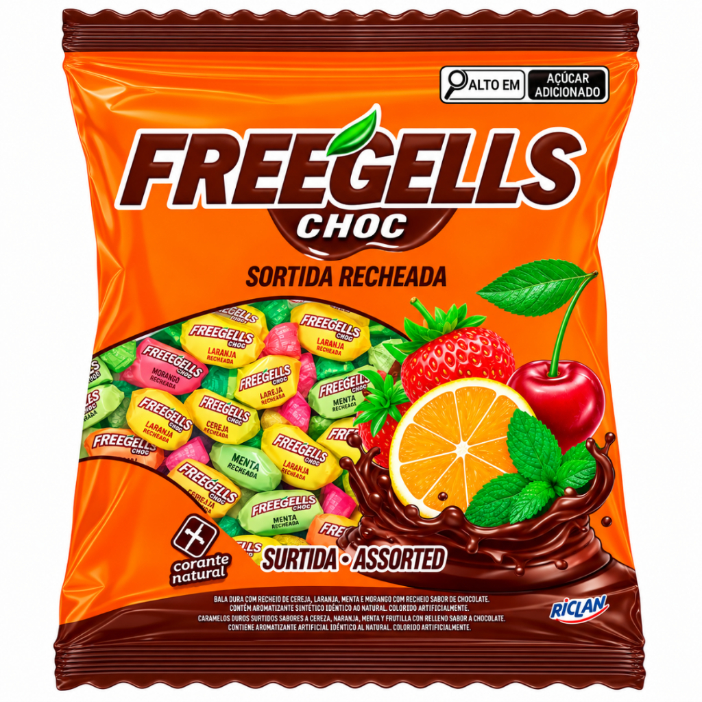 Bala Dura Freegells Sortida Recheada Chocolate 475g Riclan