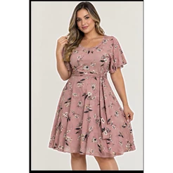 Vestido rodado Plus Size manga fler com a faixa tecido Suplex Digital 44/46/48/50/52 g gg g1 g2