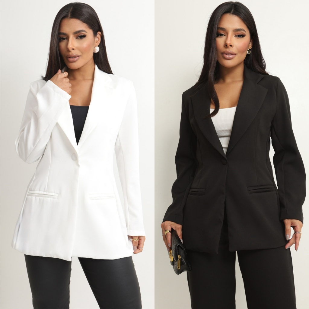 Kit 2 Blazers Alfaiataria Feminino Social Terninho Com Botão Único Alongado Estruturado Premium Luxo