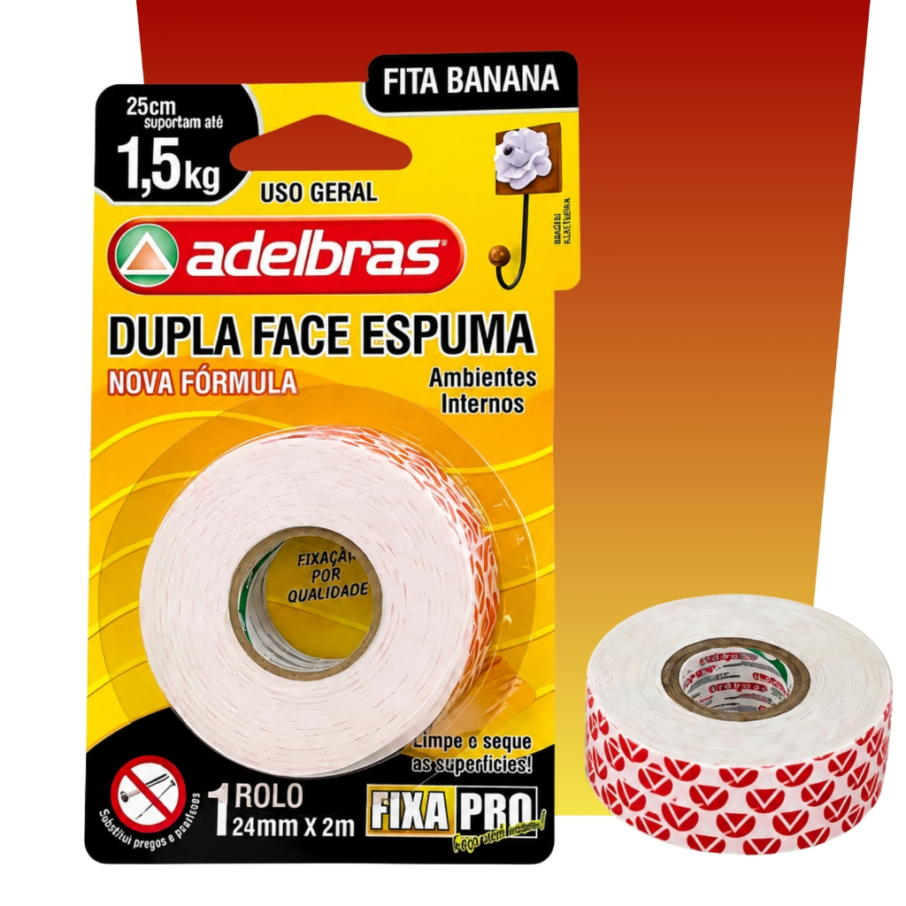 Kit Fita Dupla Face Resistente Espumada 24mm x 2m Tipo Banana Alta Fixação Parede Quadros Espelhos Extra Forte Sem Prego
