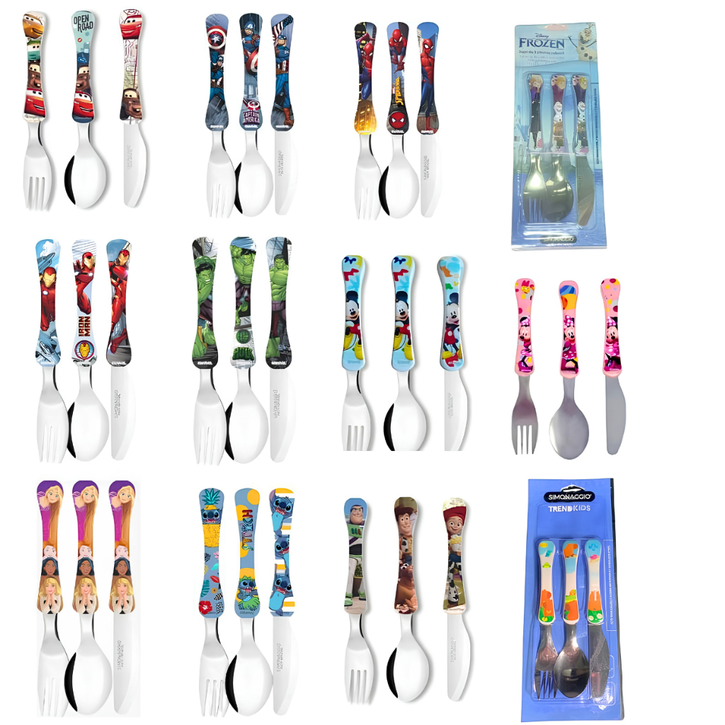 Kit Talheres Infantil Simonaggio 3 Peças Inox Personagens Colher Garfo Faca Para Criança
