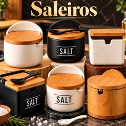 Porta Sal de Porcelana Saleiro Açucareiro Temperos com Tampa Bambu e Colher Preto e Branco