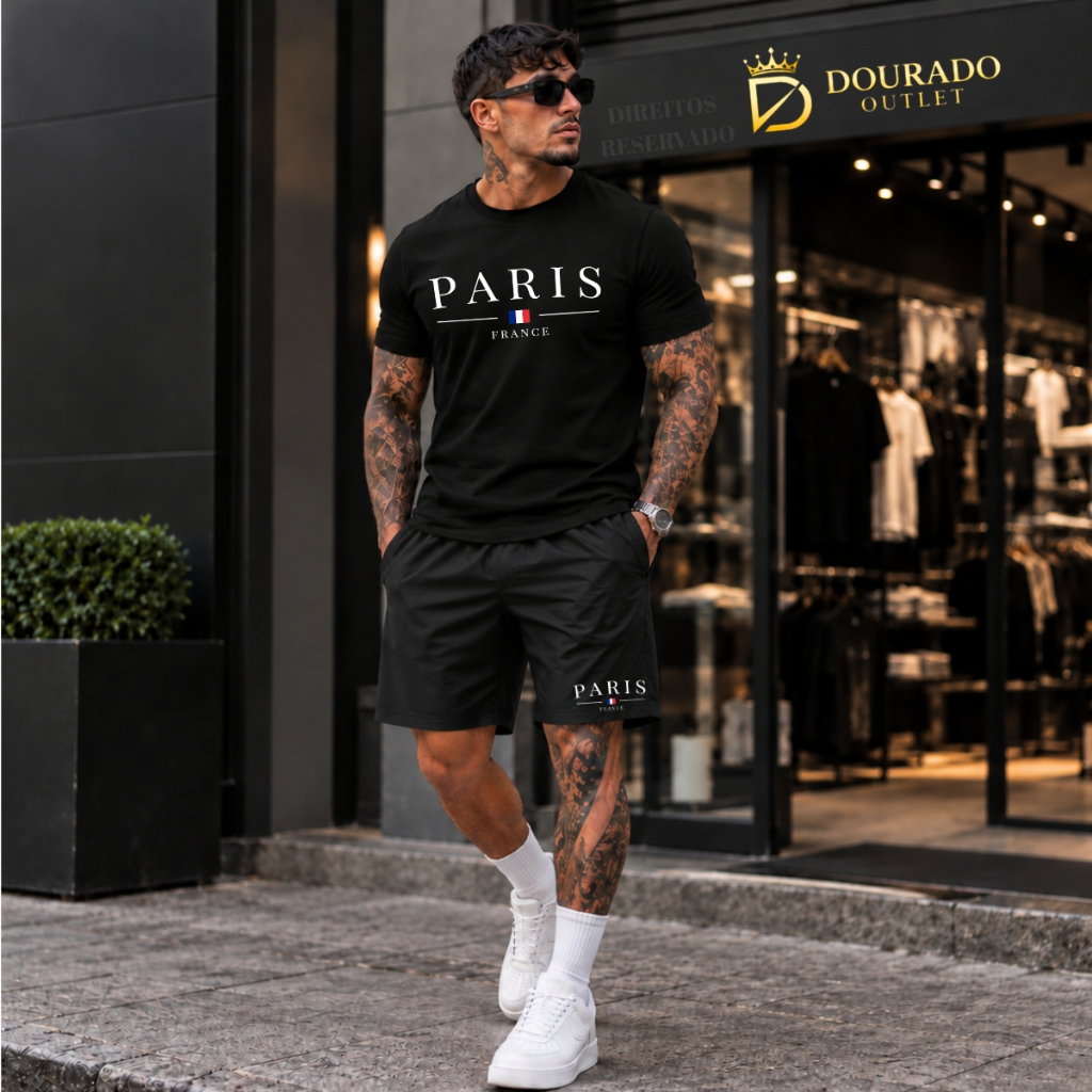 Conjunto Camiseta Paris 100% Algodão + Short Tectel Masculino Lançamento Promoção