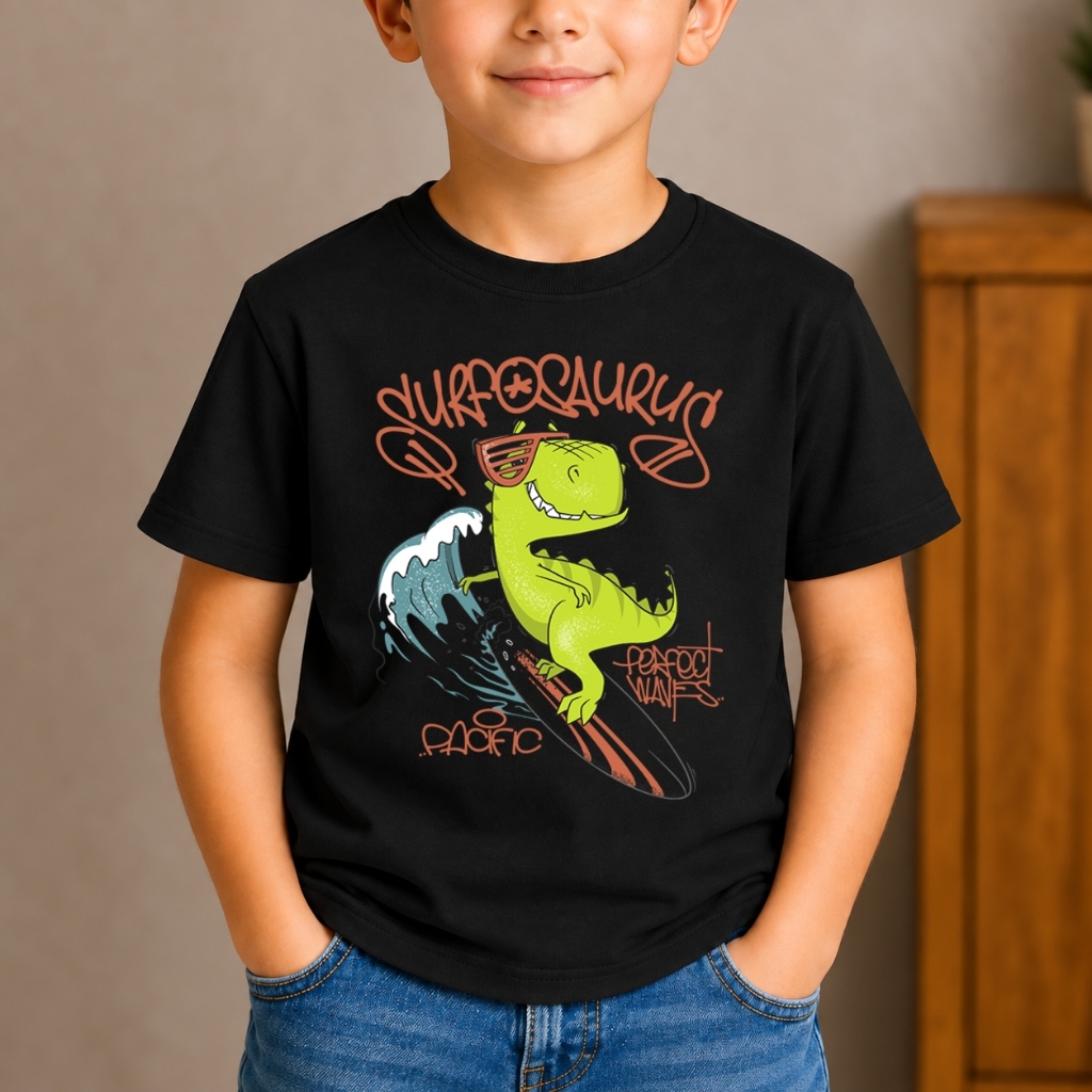 Camiseta Infantil Dinossauro Surfista T-Rex Radical Surf Wave Estampa Divertida Algodão Premiu