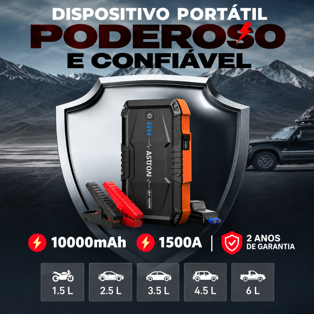 Auxiliar de Partida 10000mhA 12V Booster de Bateria Portátil Power Bank Lanterna LED SOS para Carros e Motos AstroAI