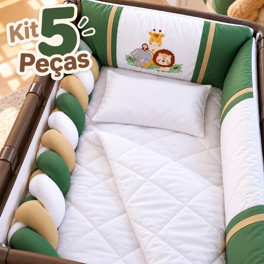Kit Berço Cercado Chiqueirinho Bebê 5 Peças Algodão Bordado Edredom