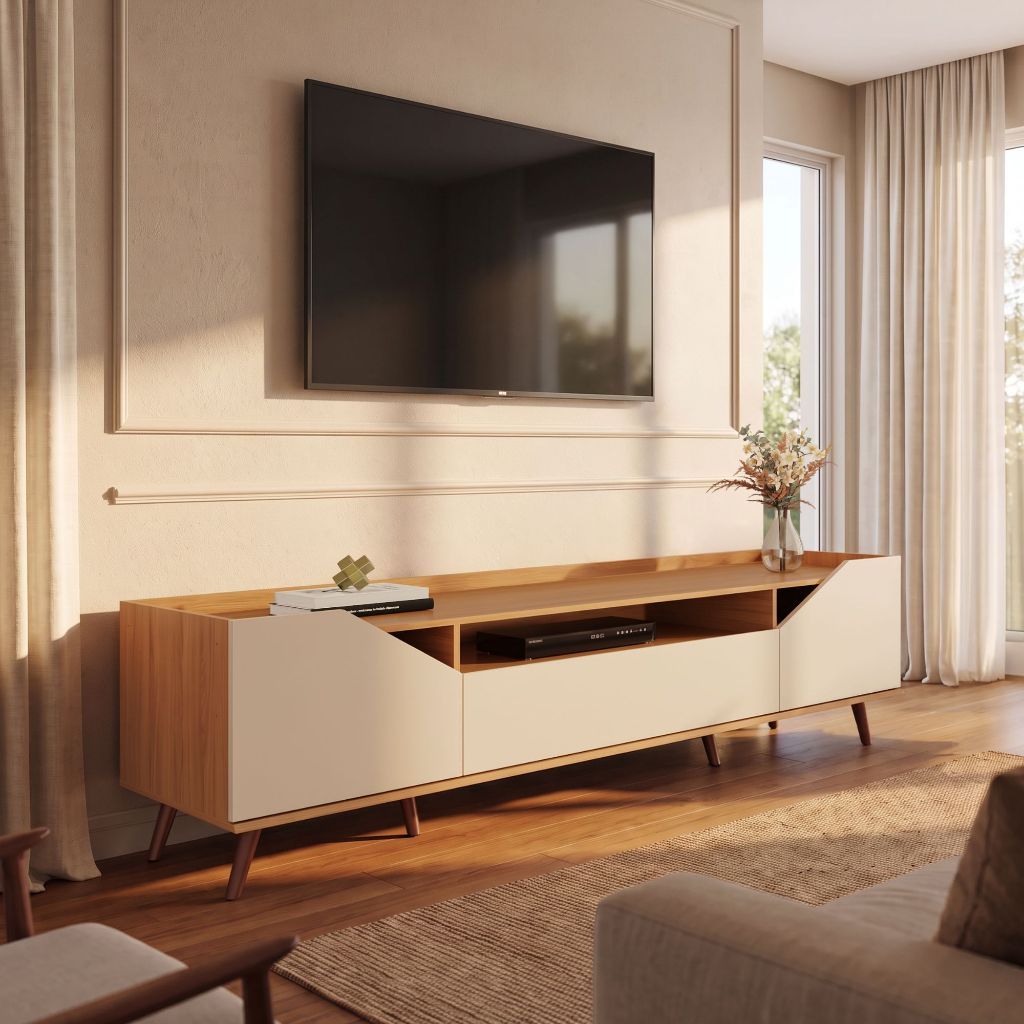 Rack Nice 100% MDF 3 Porta e Pés Estilo Retrô para TV até 65
