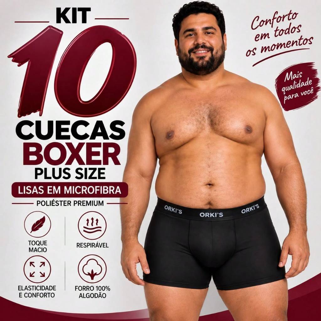 Kit com 10 Cuecas Boxer Plus Size em Microfibra Lisa Box Extra Grande Masculino Conforto e Qualidade