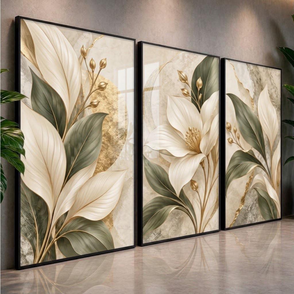 Quadros Botânicos para Sala de Jantar Trio Verde Branco e Dourado com Fundo Marmorizado