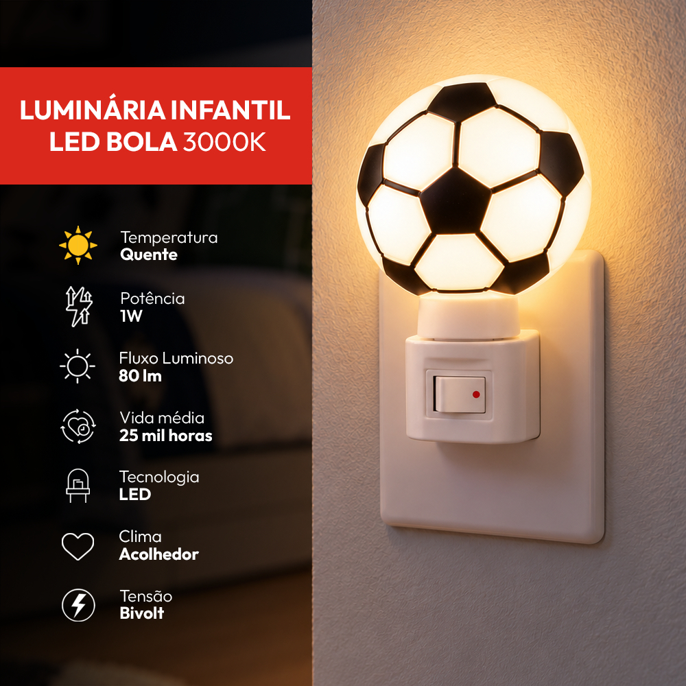 Imagem Luminaria Mini Abajur Luz Noturna Bola Futebol 1w 3000k Branco Quente 110v/220v Bivolt Branco Cod: 151130575 Avant