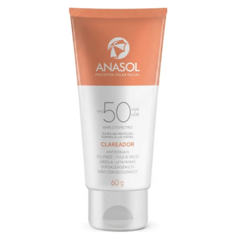 Imagem Protetor Solar Facial Anasol FPS 50 Clareador Antissinais Luz Visível Argila Toque Seco Oil Free 60g