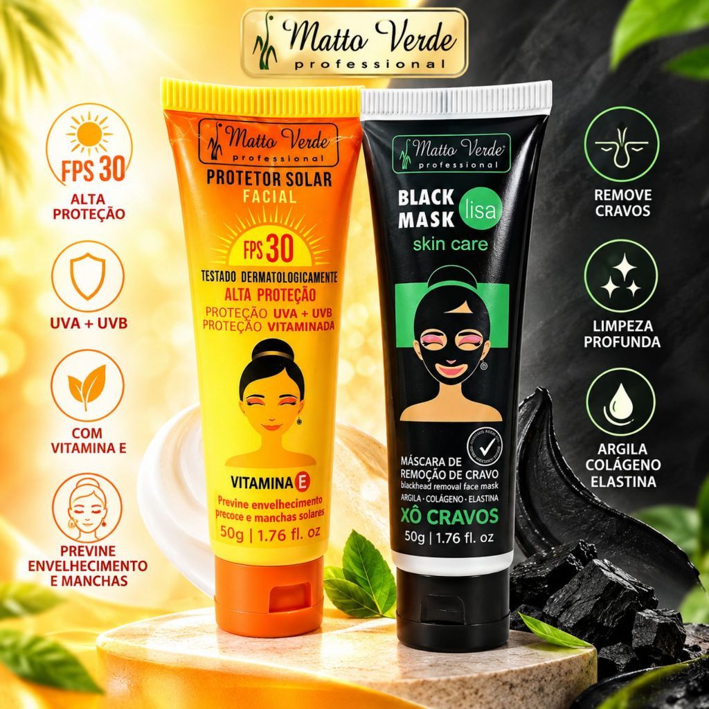 Kit Skincare Protetor Solar FPS 30 + Black Mask FacialProteção uva uvb Vitamina E Previne envelhecimento Matto Verde