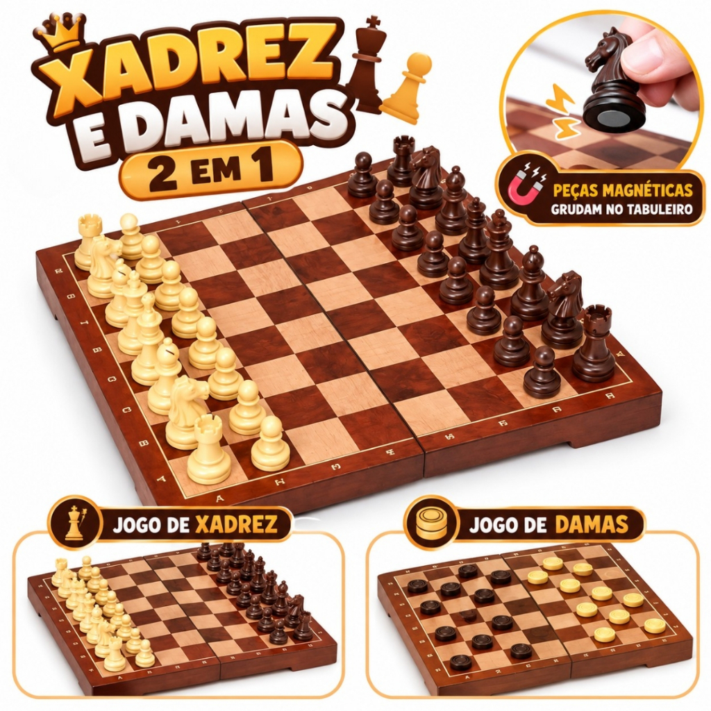 Kit Jogo De Tabuleiro 2 Em 1 Xadrez Dama Magnético Estratégia Clássica 30cm Castela