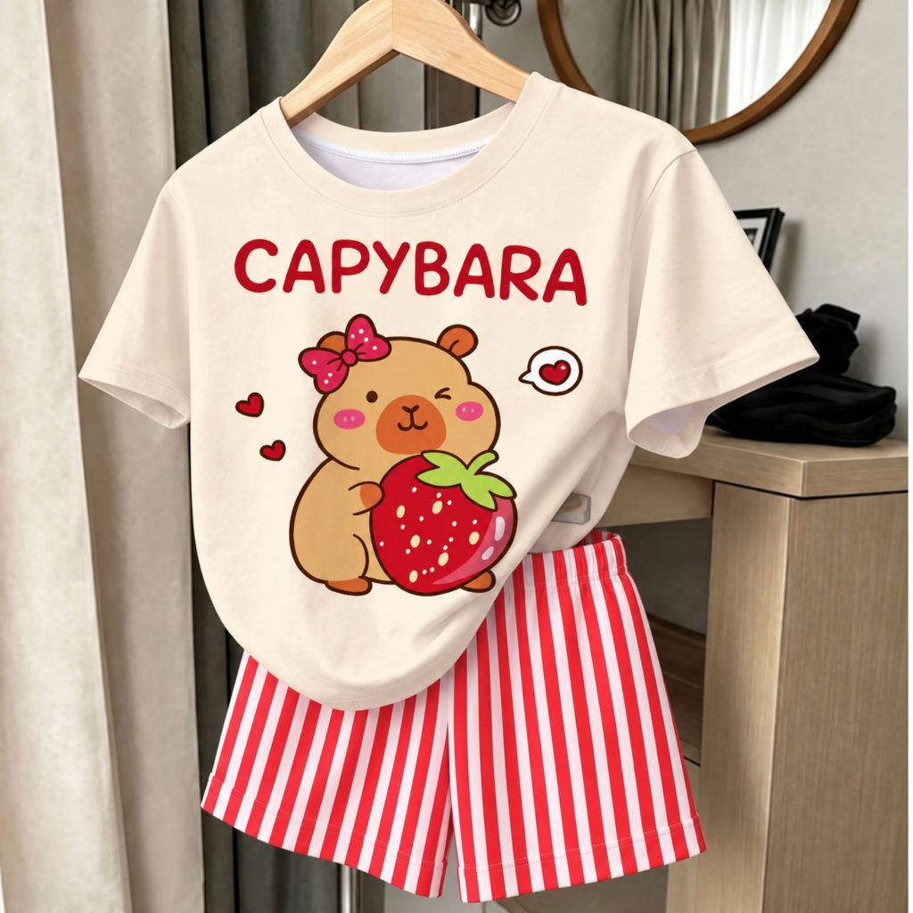 Conjunto Infantil Feminino Estampado Camiseta 100% Algodão E Shorts Capybara Meninas Moranguinho