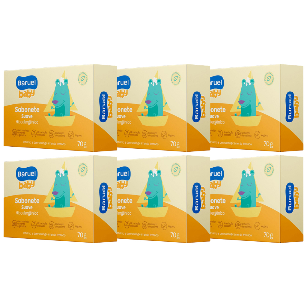 Kit 6un Sabonetes Em Barra Infantil Baruel Baby Suave Com 70g