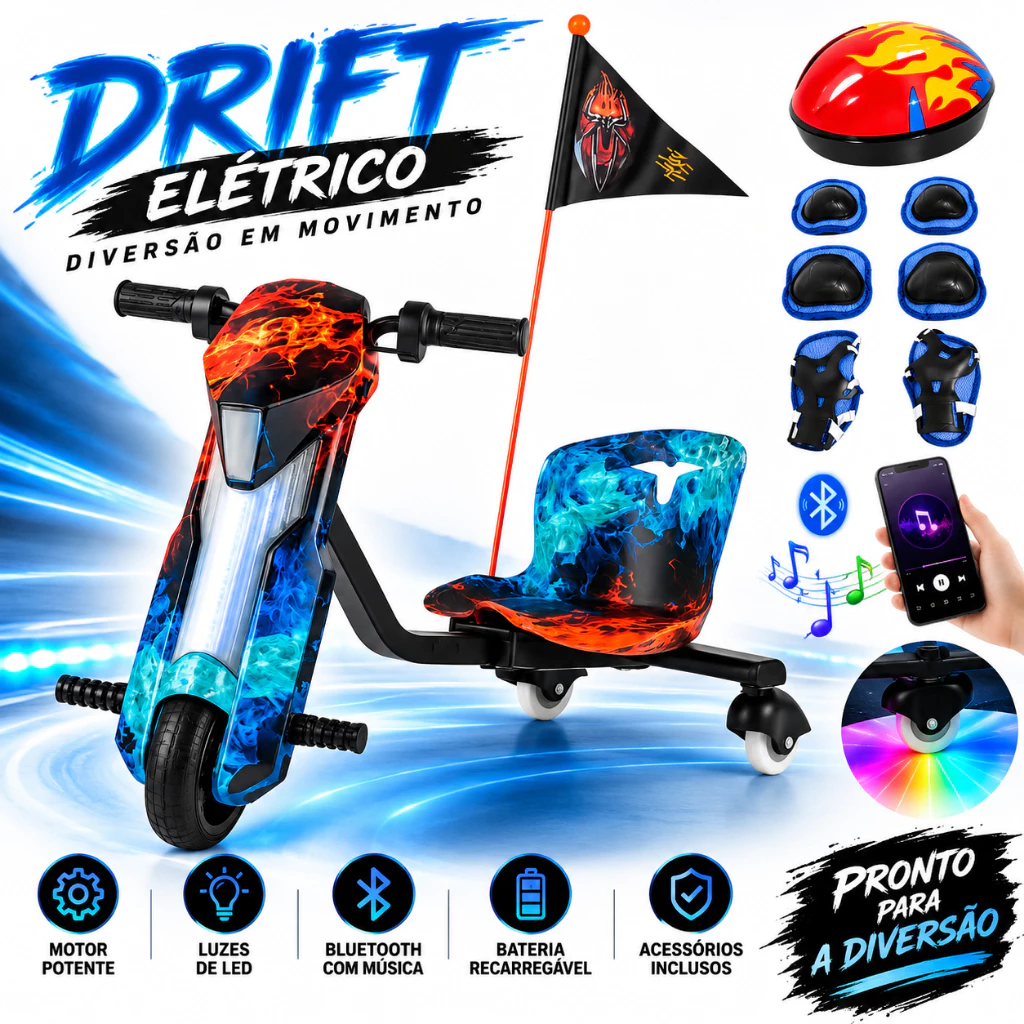 Patinete Elétrico Suporta ate 80kg Infantil 250W Mini Scooter Bluetooth LED Colorido Freio Farol Cesto