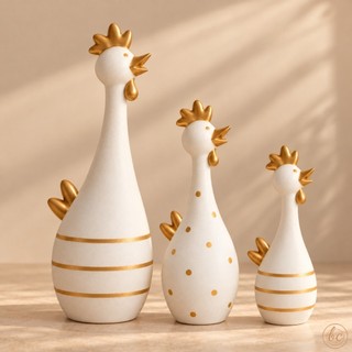 Galinha Decorativa de Cerâmica Fosca Branca e Dourada Enfeite para Cozinha Sala Modelos Bolinha e Listras