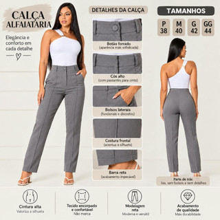Calça Alfaiataria Social Casual Feminina Bolsos Botão Forrado Elegante Cintura Alta Confortável