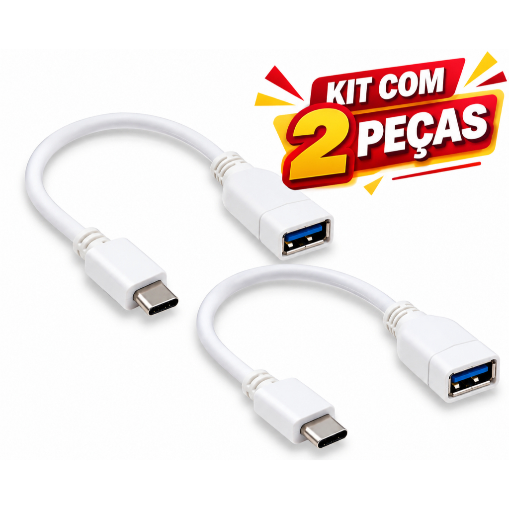 kit 2 Cabos Adaptador OTG USB-A Fêmea Tipo C 3.0 Pendrive Smartphone Celular Transferencia de Dados
