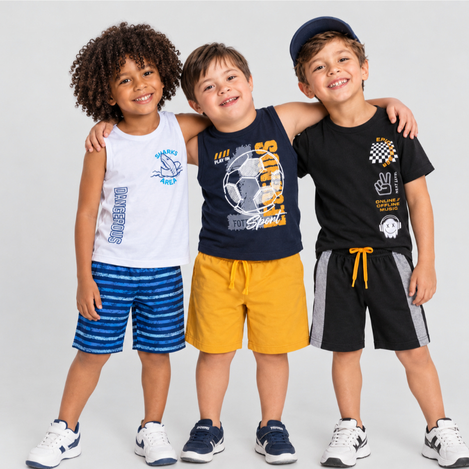 Kit 6 Peças de Roupa Infantil Menino 3 Camisetas + 3 Shorts Estampas Sortidas Conjuntos de Verão Masculino