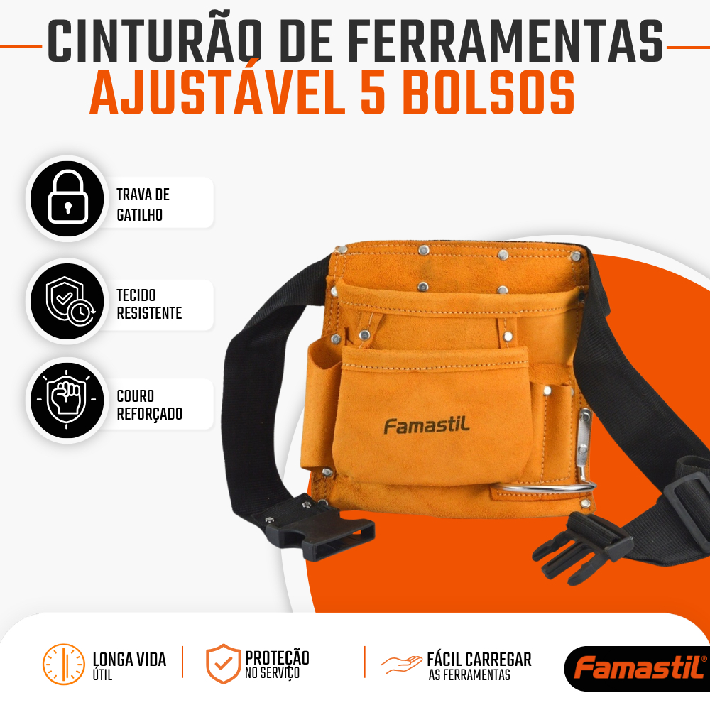 Cinturão para Ferramentas Famastil com 5 Bolsos Organização e Uso Profissional