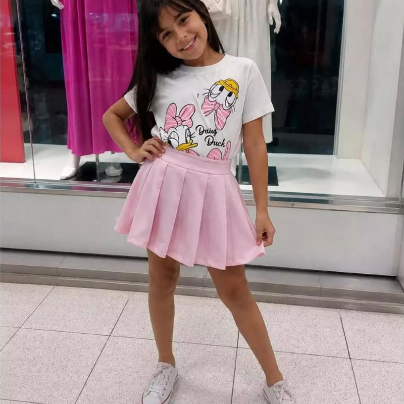 Conjunto Feminino Infantil Estampado Margarida + Saia Rodada Colorido Patricinha Blogueirinha  04 ao 12