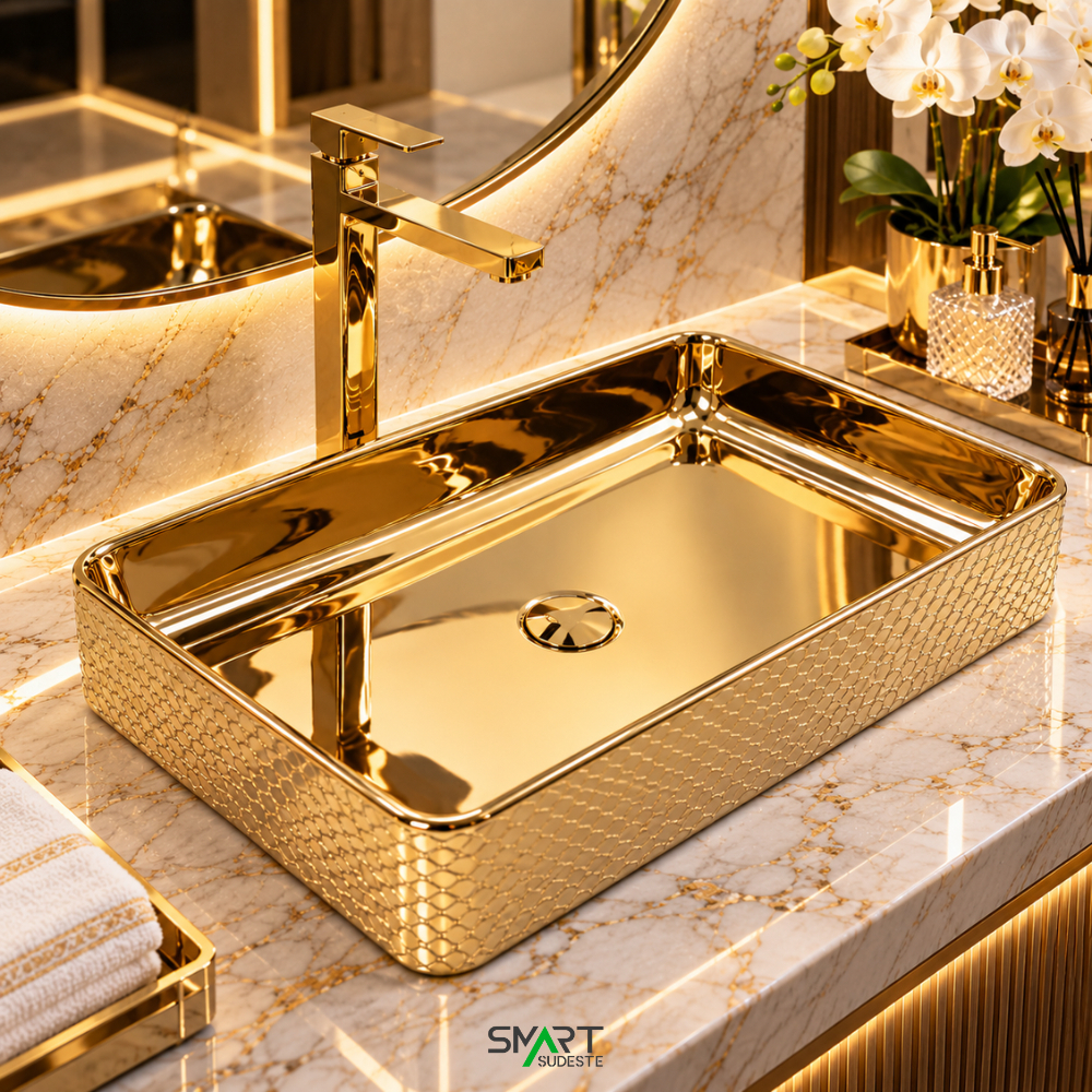 Cuba Pia Louca Ceramica Apoio Banheiro 61 x 35 cm Luxo Gold