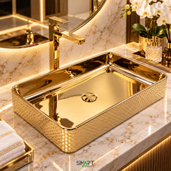 Cuba Pia Louca Ceramica Apoio Banheiro 61 x 35 cm Luxo Gold