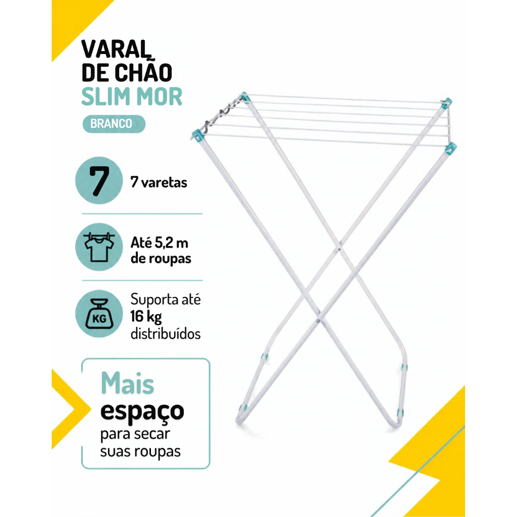Varal de Chão Slim Mor Branco Dobrável 7 Varetas 5,2m 16kg — imagem 2 de 2