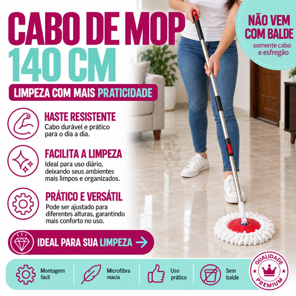Cabo de Mop Giratório 140 Cm - APENAS CABO SEM BALDE - Kaftor