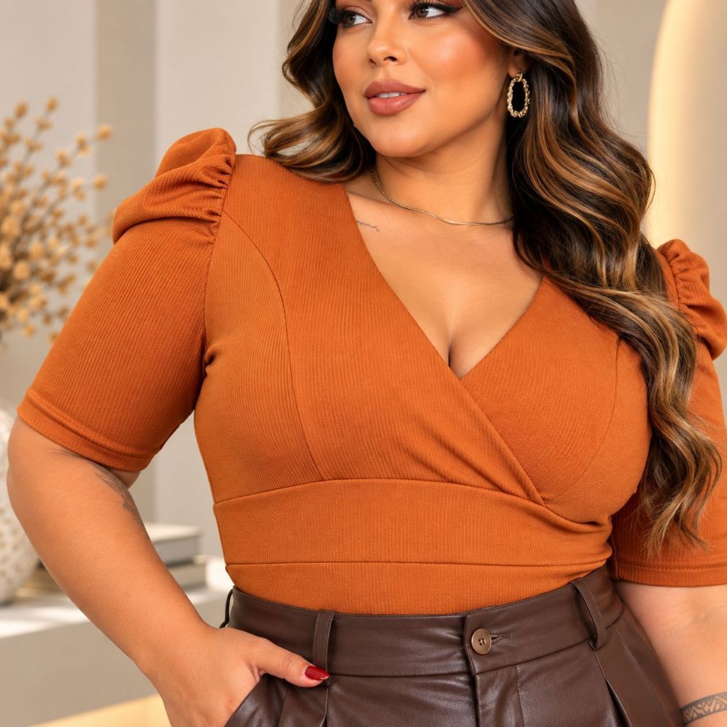 Body Canelado com Mangas Bufantes Plus Size Caimento Impecável