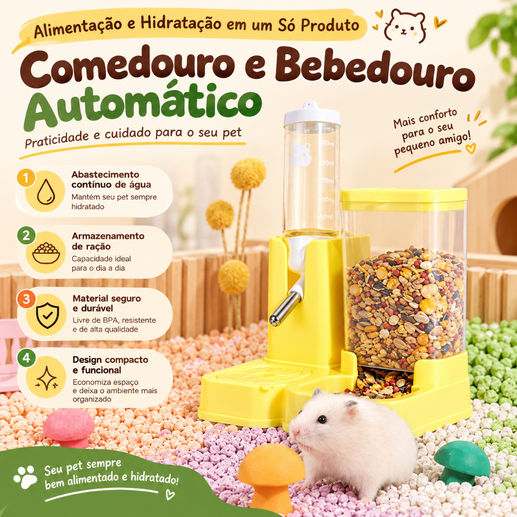 Comedouro e Bebedouro Automático 2 em 1 para Hamster com Reservatório Transparente e Bico Inox