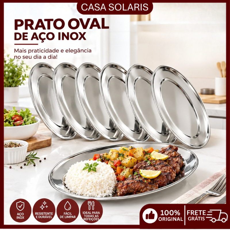 Kit 6 Travessas Ovais Inox para Servir Alimentos Bandeja Buffet Cozinha
