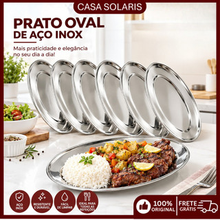 Kit 6 Travessas Ovais Inox para Servir Alimentos Bandeja Buffet Cozinha