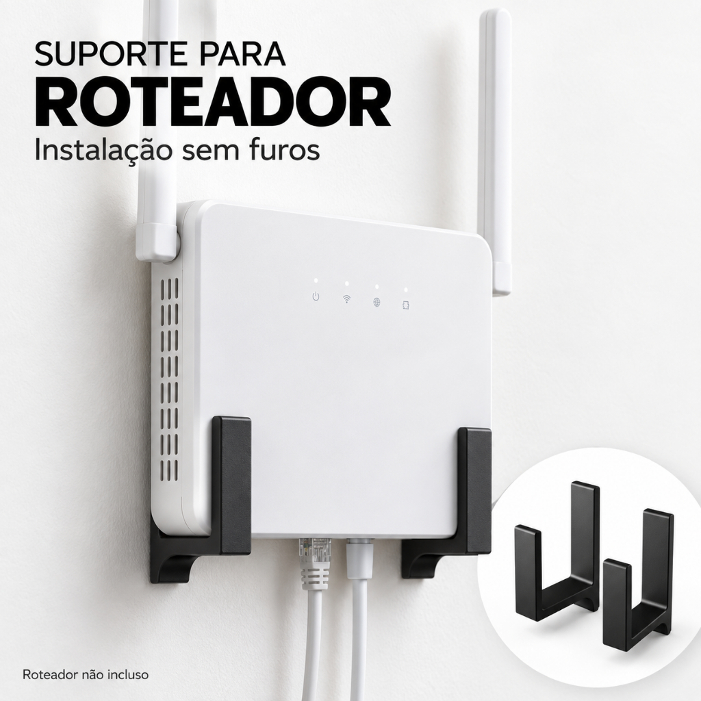 Suporte Para Roteador Modem Wi-Fi Parede Sem Furo Fita 3M Universal Organizador de Cabos Casa Escritório 4 cm e 5 cm
