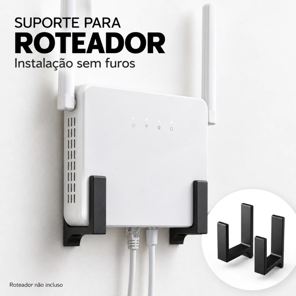 Suporte Para Roteador Modem Wi-Fi Parede Sem Furo Fita 3M Universal Organizador de Cabos Casa Escritório 4 cm e 5 cm
