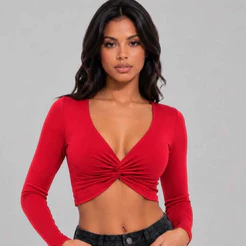 Cropped Top Feminino Com Decote Torcido Em Nó Profundo Com Bojo Manga Longa Suplex
